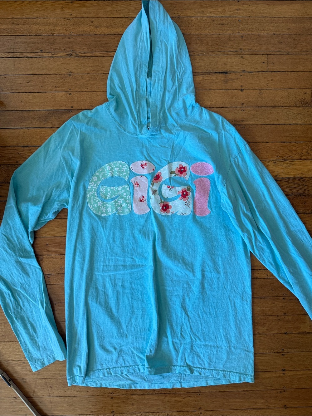 Comfort Colors Aqua Hooded Long Sleeve Top with Floral Letters Gigi Grandma